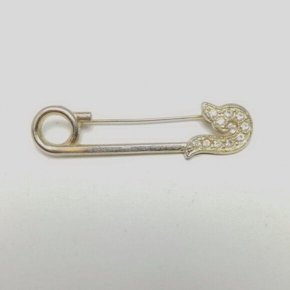 Vintage Rhinestone Safty Pin Style Brooch, Silve Tone, Retro Estate - Picture 5 of 5